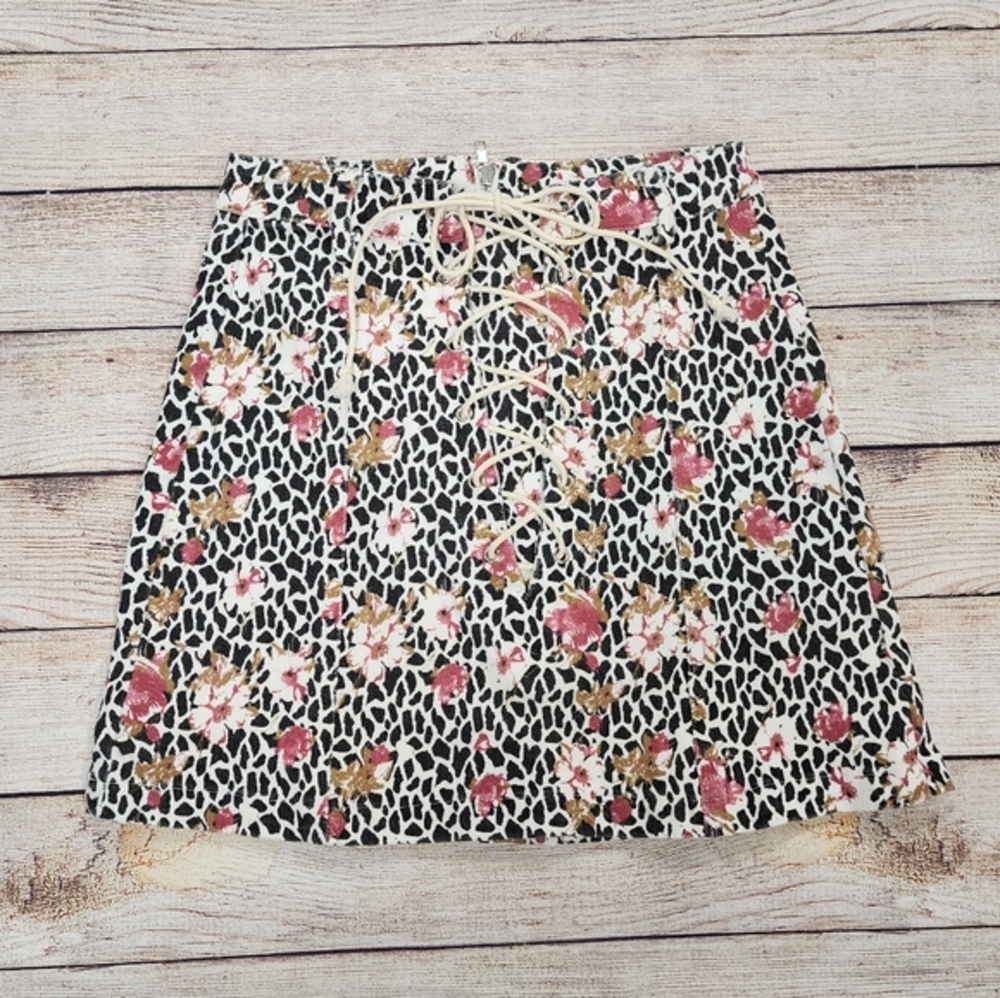 Umgee‎ Floral Tie Front Denim Mini Skirt